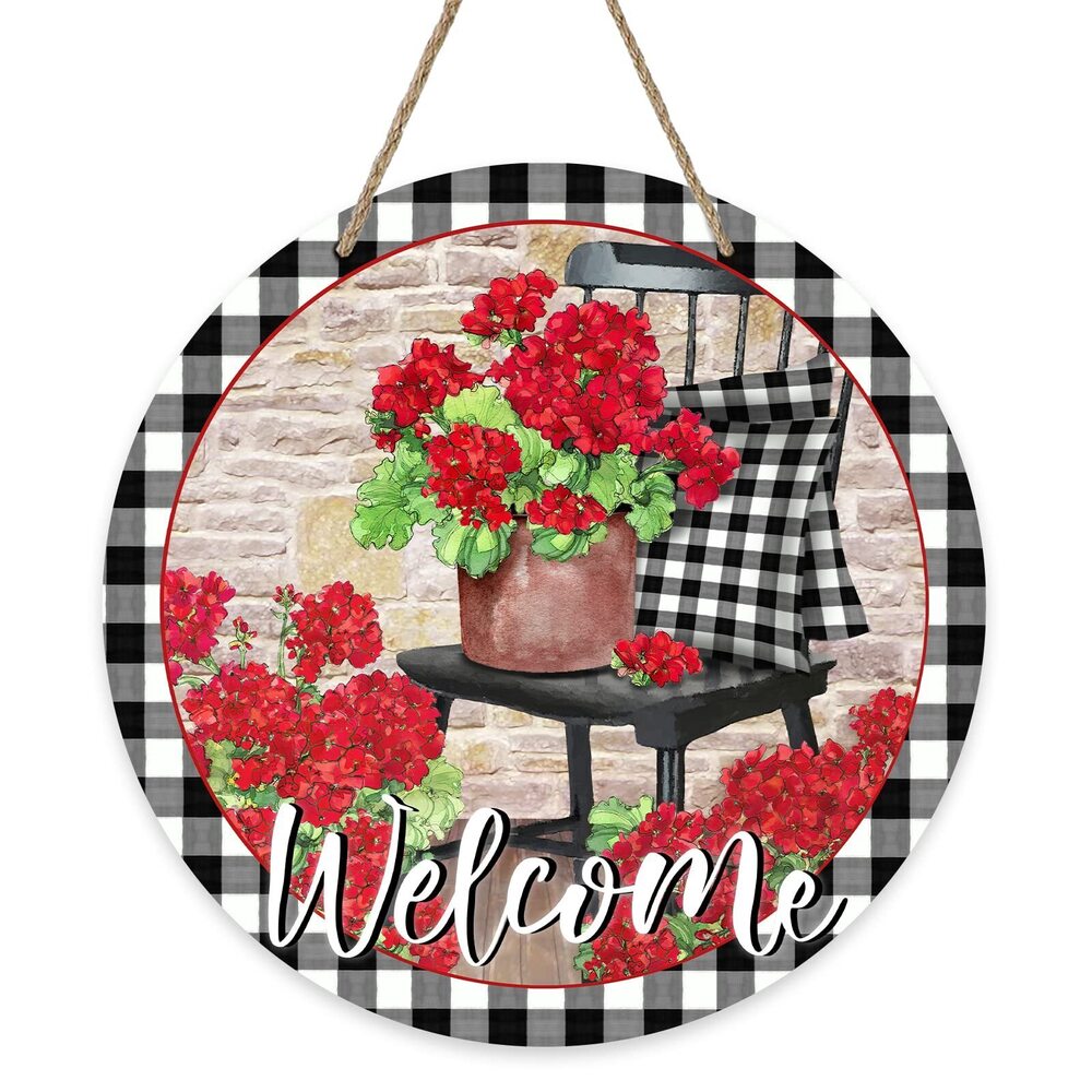 7907 Welcome Spring Geranium Flower Sign for Front Door Decor, Floral